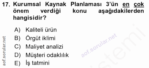 17. soru: Kurumsal Kaynak Planlaması 3'ün en çok önem verdiği konu aşağıdakilerden hangisidir? A) Kaliteli ürün B) Örgüt iklimi…