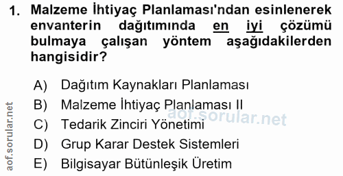 1. soru: Malzeme Ihtiyaç Planlaması'ndan esinlenerek envanterin dağıtımında en iyi çözümü bulmaya çalışan yöntem aşağıdakilerd…