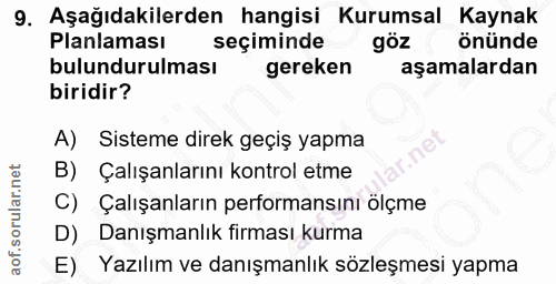 9. soru: Aşağıdakilerden hangisi Kurumsal Kaynak Planlaması seçiminde göz önünde bulundurulması gereken aşamalardan biridir? A…