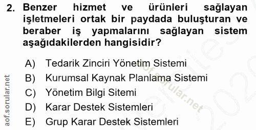 2. soru: Benzer hizmet ve ürünleri sağlayan işletmeleri ortak bir paydada buluşturan ve beraber iş yapmalarını sağlayan sistem…