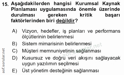 15. soru: Aşağıdakilerden hangisi Kurumsal Kaynak Planlaması uygulamasında önemle üzerinde durulması gereken kritik başarı fakt…