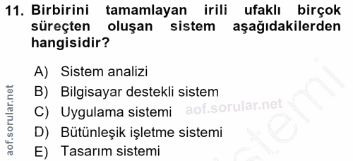 11. soru: Birbirini tamamlayan irili ufaklı birçok süreçten oluşan sistem aşağıdakilerden hangisidir? A) Sistem analizi B) Bilg…