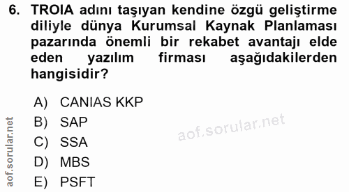 6. soru: TROIA adını taşıyan kendine özgü geliştirme diliyle dünya Kurumsal Kaynak Planlaması pazarında önemli bir rekabet ava…
