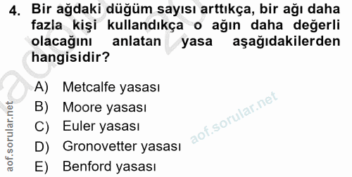 4. soru: Bir ağdaki düğüm sayısı arttıkça, bir ağı daha fazla kişi kullandıkça o ağın daha değerli olacağını anlatan yasa aşağ…