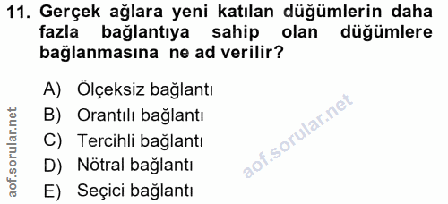 11. soru: Gerçek ağlara yeni katılan düğümlerin daha fazla bağlantıya l sahip olan düğümlere bağlanmasına ne ad verilir? A) Ölç…