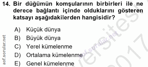 14. soru: Bir düğümün komşularının birbirleri ile ne derece bağlantı içinde olduklarını gösteren katsayı aşağıdakilerden hangis…