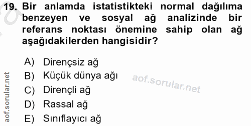 19. soru: Bir anlamda istatistikteki normal dağılıma benzeyen ve sosyal ağ analizinde bir referans noktası önemine sahip olan a…