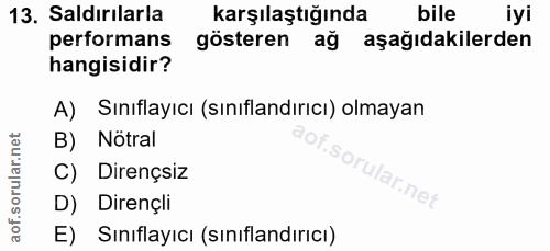 13. soru: Saldırılarla karşılaştığında bile iyi performans gösteren ağ aşağıdakilerden hangisidir? A) Sınıflayıcı (sınıflandırı…