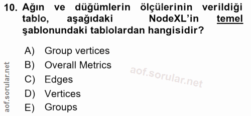 10. soru: Ağın ve düğümlerin ölçülerinin verildiği tablo, aşağıdaki NodeXL'in temel şablonundaki tablolardan hangisidir? A) Gro…