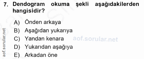 7. soru: Dendogram okuma şekli aşağıdakilerden hangisidir? A) Önden arkaya B) Aşağıdan yukarıya Yandan kenara D) Yukarıdan aşa…