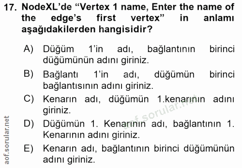 17. soru: NodeXL'de "Vertex 1 name, Enter the name of the edge's first vertex" in anlamı aşağıdakilerden hangisidir? A) Düğüm f…