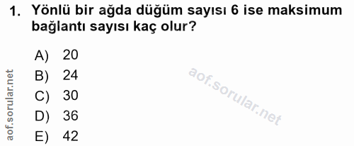 1. soru: Yönlü bir ağda düğüm sayısı 6 ise maksimum bağlantı sayısı kaç olur? A) 20 B) 24 C) 30 D) 36 E) 42