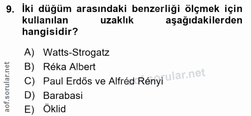 9. soru: İki düğüm arasındaki benzerliği ölçmek için kullanılan uzaklık aşağıdakilerden hangisidir? A) Watts-Strogatz rular.ne…