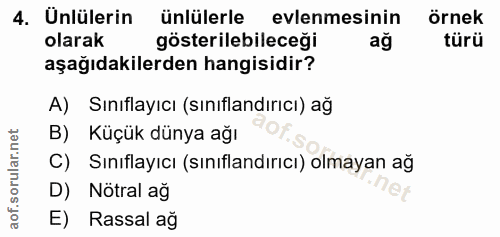 4. soru: Ünlülerin ünlülerle evlenmesinin örnek olarak gösterilebileceği ağ türü aşağıdakilerden hangisidir? A) Sınıflayıcı (s…