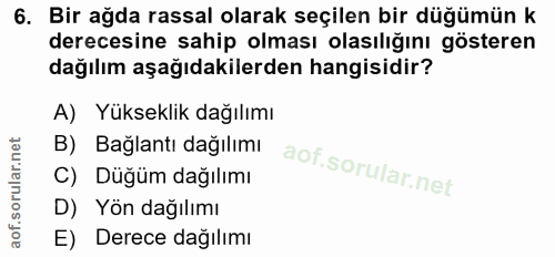 6. soru: Bir ağda rassal olarak seçilen bir düğümün k derecesine sahip olması olasılığını gösteren dağılım aşağıdakilerden han…