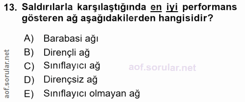 13. soru: Saldırılarla karşılaştığında en iyi performans gösteren ağ aşağıdakilerden hangisidir? A) Barabasi ağı orular.net B)…