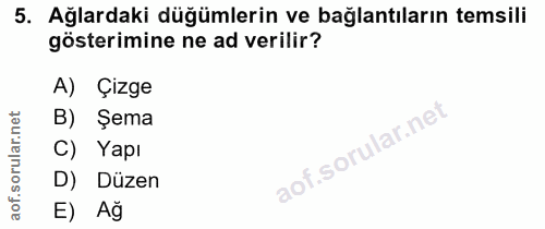 5. soru: Ağlardaki düğümlerin ve bağlantıların temsili gösterimine ne ad verilir? A) Çizge B) Şema C) Yapı D) Düzen E) Ağ