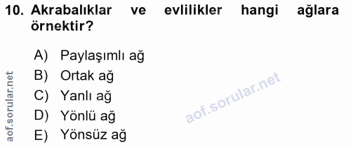 10. soru: Akrabalıklar ve evlilikler hangi aglara örnektir? A) Paylaşımlı ağ B) Ortak ağ C) Yanlı ağ D) Yönlü ağ E) Yönsüz ağ
