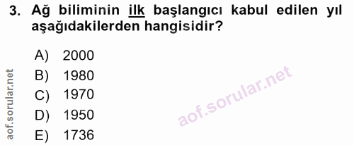 3. soru: Ağ biliminin ilk başlangıcı kabul edilen yıl aşağıdakilerden hangisidir? A) 2000 B) 1980 C) 1970 D) 1950 1736