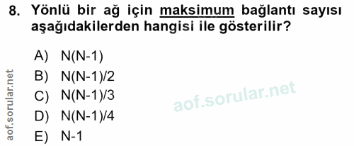 8. soru: Yönlü bir ağ için maksimum bağlantı sayısı aşağıdakilerden hangisi ile gösterilir? A) N(N-1) B) N(N-1)/2 C) N(N-1)/3…