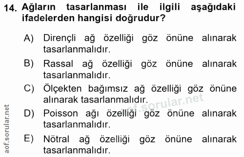 14. soru: Ağların tasarlanması ile ilgili aşağıdaki ifadelerden hangisi doğrudur? A) Dirençli ağ özelliği göz önüne alınarak ta…