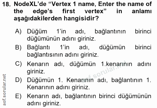 18. soru: NodeXL'de "Vertex 1 name, Enter the name of the edge's first vertex" in anlamı aşağıdakilerden hangisidir? A) Düğüm 1…