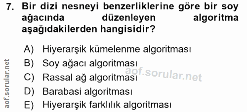 7. soru: Bir dizi nesneyi benzerliklerine göre bir soy ağacında düzenleyen algoritma aşağıdakilerden hangisidir? A) Hiyerarşik…