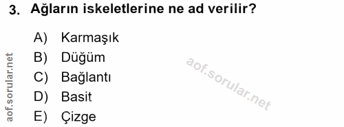 3. soru: Ağların iskeletlerine ne ad verilir? A) Karmaşık orular.net B) Düğüm C) Bağlantı D) Basit aof. E) Çizge
