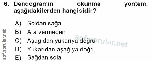 6. soru: Dendogramın okunma yöntemi aşağıdakilerden hangisidir? A) Soldan sağa B) Ara vermeden c) Aşağıdan yukarıya doğru rula…
