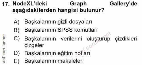 17. soru: NodeXL'deki Graph Gallery'de aşağıdakilerden hangisi bulunur? A) Başkalarının gizli dosyaları B) Başkalarının SPSS ko…
