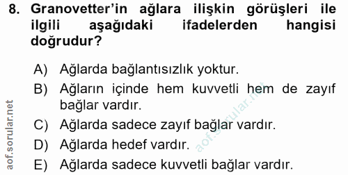 8. soru: Granovetter'in ağlara ilişkin görüşleri ile ilgili aşağıdakı ifadelerden hangisi doğrudur? A) Ağlarda bağlantısızlık…