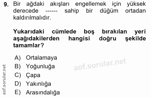 9. soru: Bir ağdaki akışları engellemek için yüksek derecede sahip bir düğüm ortadan kaldırılmalıdır. Yukarıdaki cümlede boş b…