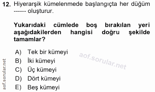 12. soru: Hiyerarşik kümelenmede başlangıçta her düğüm ----- oluşturur. Yukarıdaki cümlede boş bırakılan yeri aşağıdakilerden h…