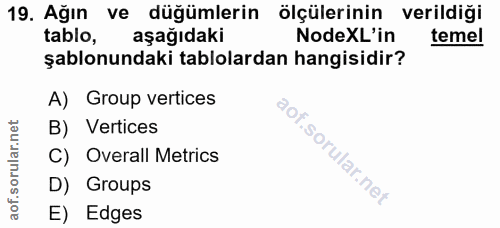 19. soru: Ağın ve düğümlerin ölçülerinin verildiği tablo, aşağıdaki NodeXL'in temel şablonundaki tablolardan hangisidir? A) Gro…