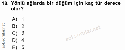 18. soru: Yönlü ağlarda bir düğüm için kaç tür derece olur? A) 1 B) 2 C) 3 D) 4 E) 5