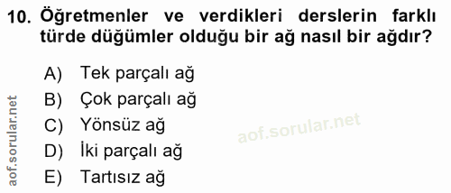 10. soru: Öğretmenler ve verdikleri derslerin farklı türde düğümler olduğu bir ağ nasıl bir ağdır? A) Tek parçalı ağ B) Çok par…