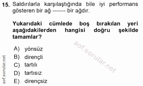 15. soru: Saldırılarla karşılaştığında bile iyi performans gösteren bir ağ --- bir ağdır. Yukarıdaki cümlede boş bırakılan yeri…