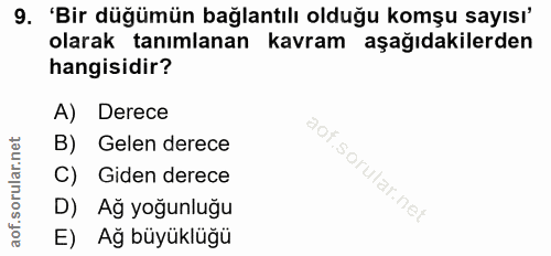 9. soru: 'Bir düğümün bağlantılı olduğu komşu sayısı' olarak tanımlanan kavram aşağıdakilerden hangisidir? A) Derece B) Gelen…