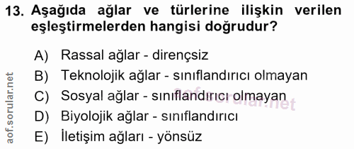 13. soru: Aşağıda ağlar ve türlerine ilişkin verilen eşleştirmelerden hangisi doğrudur? A) Rassal ağlar - dirençsiz B) Teknoloj…