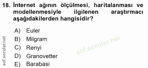 18. soru: İnternet ağının ölçülmesi, haritalanması ve modellenmesiyle ilgilenen araştırmacı aşağıdakilerden hangisidir? A) Eule…