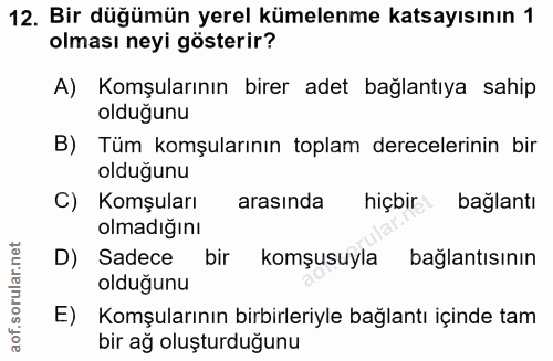 12. soru: Bir düğümün yerel kümelenme katsayısının 1 olması neyi gösterir? A) Komşularının birer adet bağlantıya sahip olduğunu…