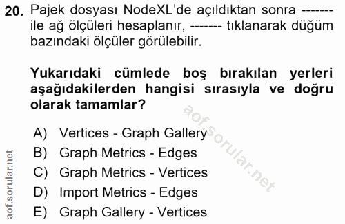20. soru: Pajek dosyası NodeXL'de açıldıktan sonra --- ile ağ ölçüleri hesaplanır, -- tıklanarak düğüm bazındaki ölçüler görüle…