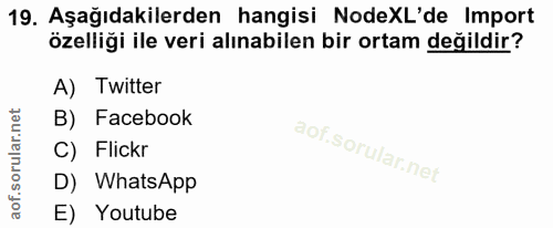 19. soru: Aşağıdakilerden hangisi NodeXL'de Import özelliği ile veri alınabilen bir ortam değildir? A) Twitter B) Facebook C) F…
