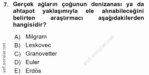 7. soru: Gerçek ağların çoğunun denizanası ya da ahtapot yaklaşımıyla ele alınabileceğini belirten araştırmacı aşağıdakilerden…