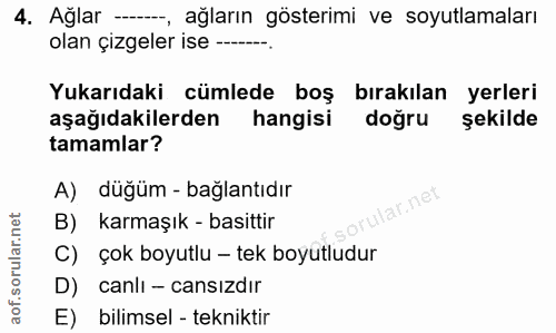 4. soru: Ağlar --- -, ağların gösterimi ve soyutlamaları olan çizgeler ise -- Yukarıdaki cümlede boş bırakılan yerleri aşağıda…