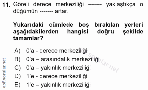 11. soru: Göreli derece merkeziliği yaklaştıkça o duğümün ----- artar. Yukarıdaki cümlede boş bırakılan yerleri aşağıdakilerden…