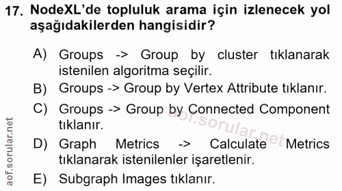 17. soru: NodeXL'de topluluk arama için izlenecek yol aşağıdakilerden hangisidir? A) Groups -> Group by cluster tıklanarak iste…