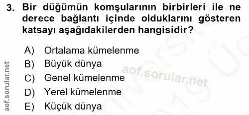 3. soru: Bir düğümün komşularının birbirleri ile ne derece bağlantı içinde olduklarını gösteren katsayı aşağıdakilerden hangis…
