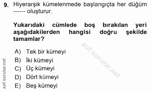 9. soru: Hiyerarşik kümelenmede başlangıçta her düğüm ---- oluşturur. Yukarıdaki cümlede boş bırakılan yeri aşağıdakilerden ha…