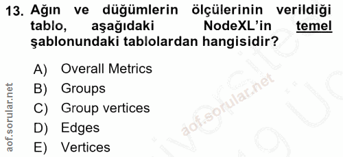13. soru: Ağın ve düğümlerin ölçülerinin verildiği tablo, aşağıdaki NodeXL'in temel şablonundaki tablolardan hangisidir? A) Ove…